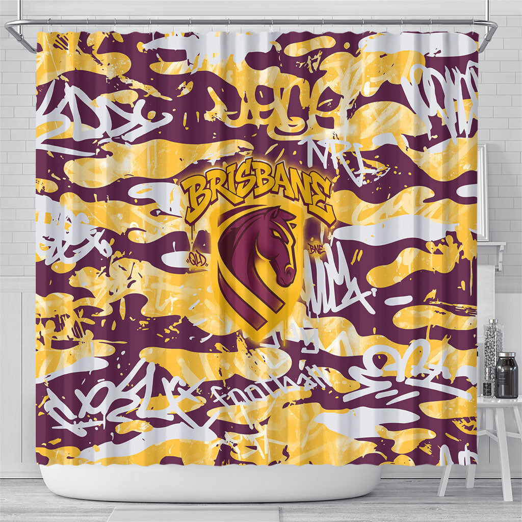 Brisbane Broncos Rugby Shower Curtain Graffiti Typography Urban Camo Abstract Street Style