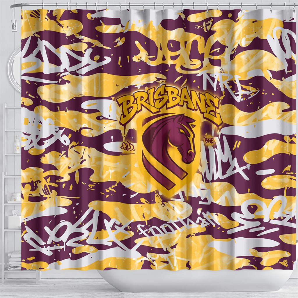 Brisbane Broncos Rugby Shower Curtain Graffiti Typography Urban Camo Abstract Street Style