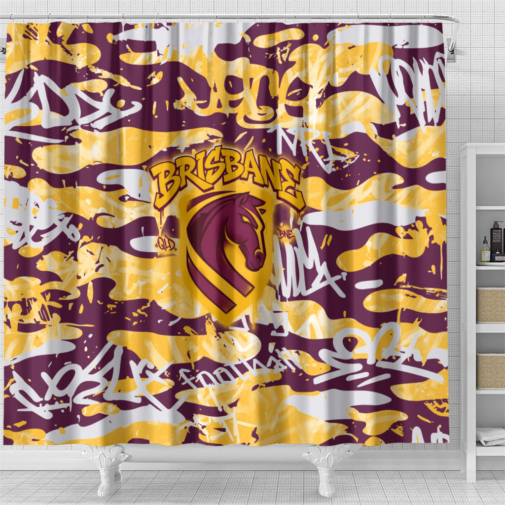Brisbane Broncos Rugby Shower Curtain Graffiti Typography Urban Camo Abstract Street Style