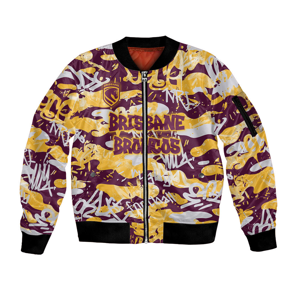 Brisbane Broncos Rugby Sleeve Zip Bomber Jacket Graffiti Typography Urban Camo Abstract Street Style