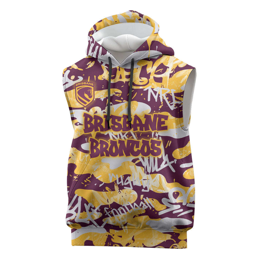 Brisbane Broncos Rugby Sleeveless Hoodie Graffiti Typography Urban Camo Abstract Street Style