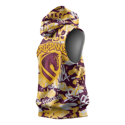 Brisbane Broncos Rugby Sleeveless Hoodie Graffiti Typography Urban Camo Abstract Street Style
