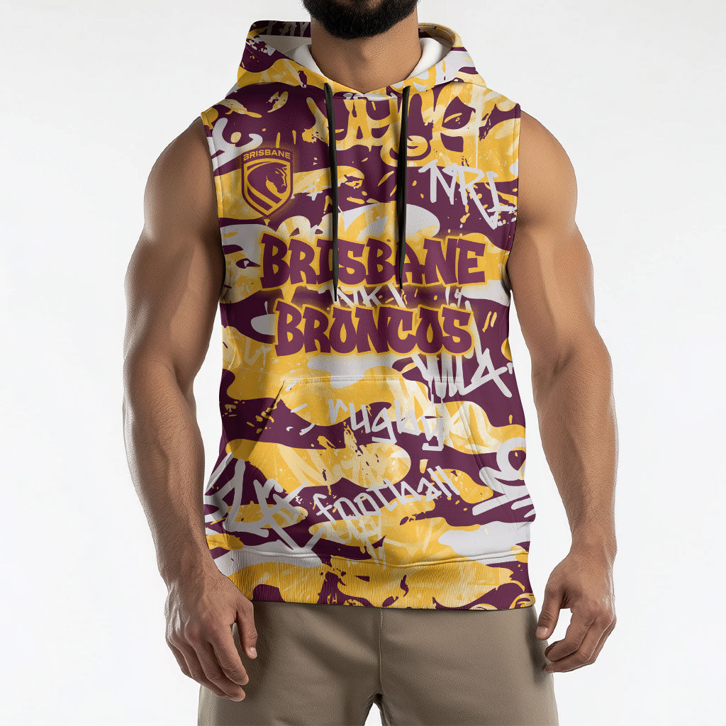Brisbane Broncos Rugby Sleeveless Hoodie Graffiti Typography Urban Camo Abstract Street Style
