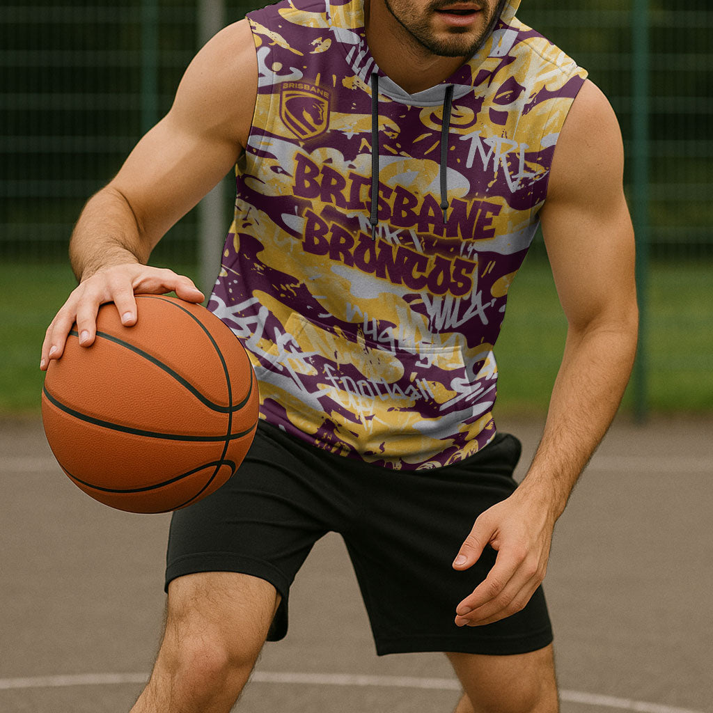 Brisbane Broncos Rugby Sleeveless Hoodie Graffiti Typography Urban Camo Abstract Street Style