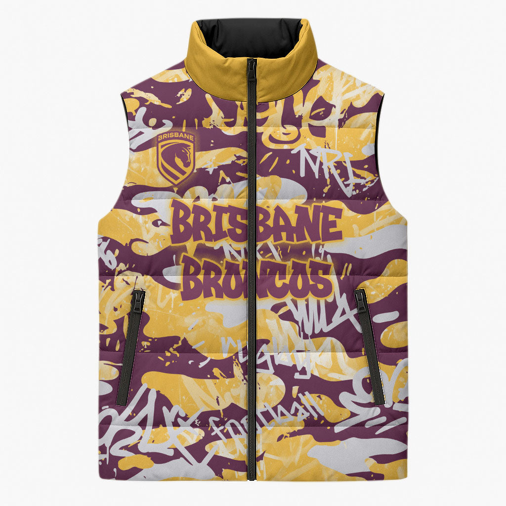 Brisbane Broncos Rugby Sleeveless Puffer Jacket Graffiti Typography Urban Camo Abstract Street Style