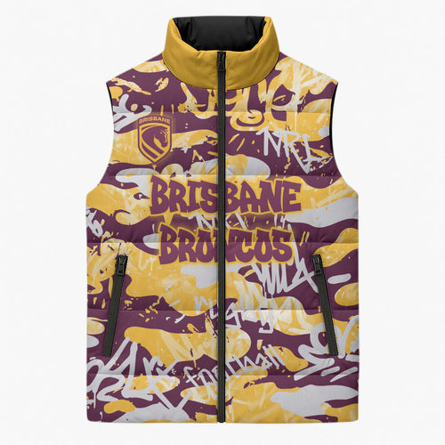 Brisbane Broncos Rugby Sleeveless Puffer Jacket Graffiti Typography Urban Camo Abstract Street Style