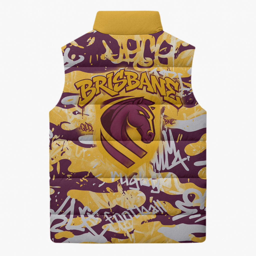 Brisbane Broncos Rugby Sleeveless Puffer Jacket Graffiti Typography Urban Camo Abstract Street Style