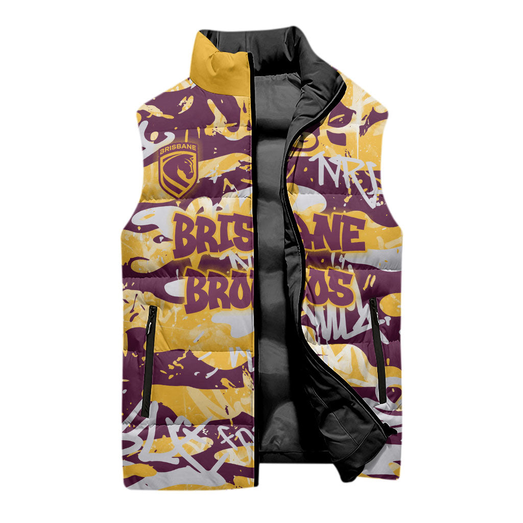 Brisbane Broncos Rugby Sleeveless Puffer Jacket Graffiti Typography Urban Camo Abstract Street Style