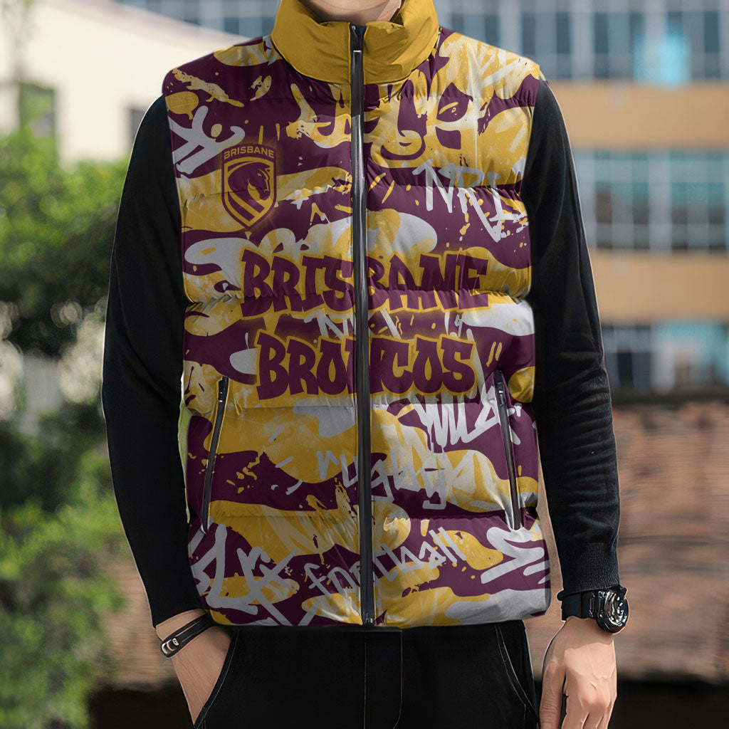 Brisbane Broncos Rugby Sleeveless Puffer Jacket Graffiti Typography Urban Camo Abstract Street Style