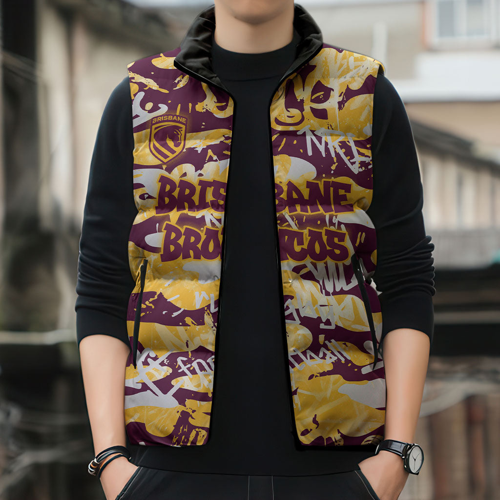 Brisbane Broncos Rugby Sleeveless Puffer Jacket Graffiti Typography Urban Camo Abstract Street Style