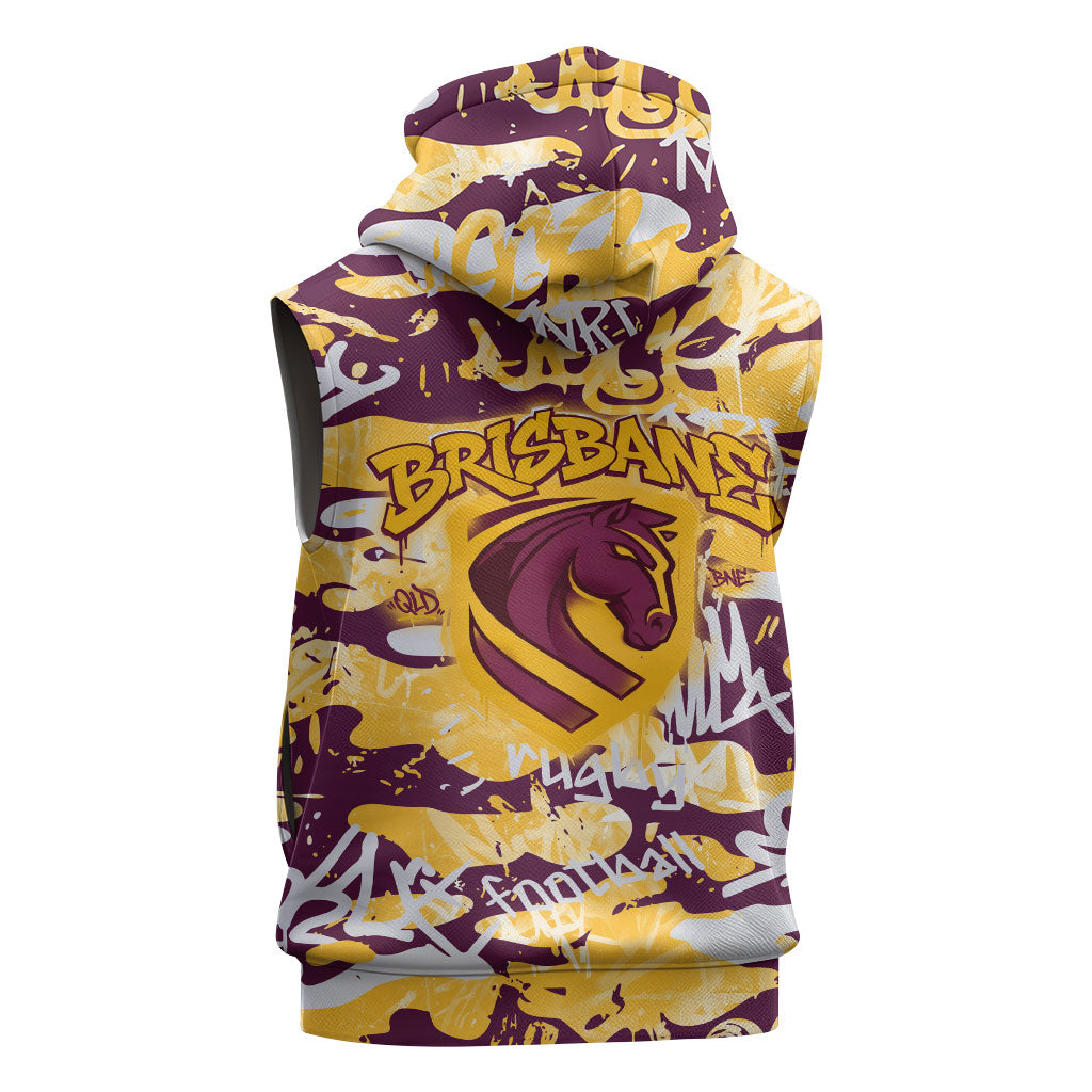 Brisbane Broncos Rugby Sleeveless Zip Hoodie Graffiti Typography Urban Camo Abstract Street Style