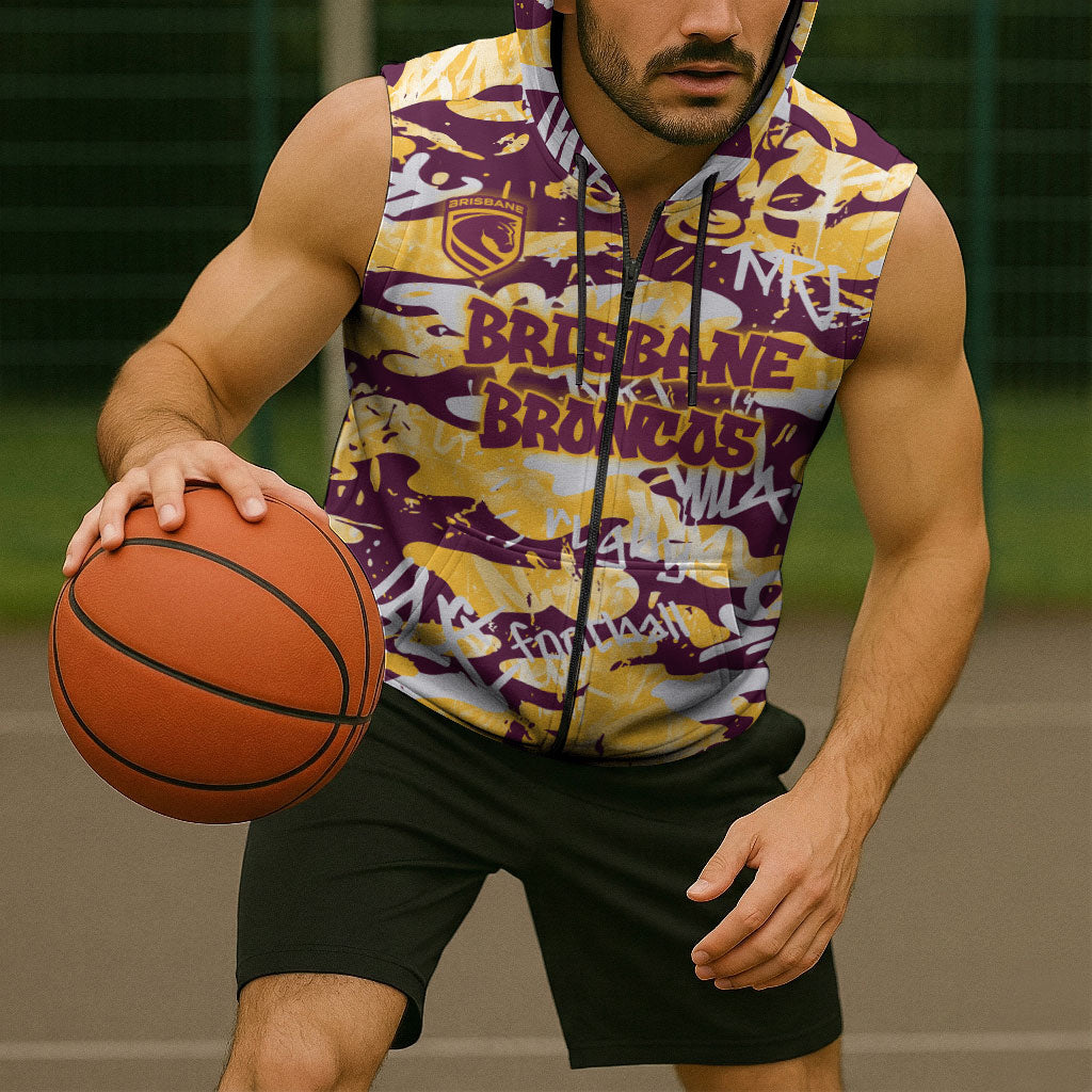 Brisbane Broncos Rugby Sleeveless Zip Hoodie Graffiti Typography Urban Camo Abstract Street Style