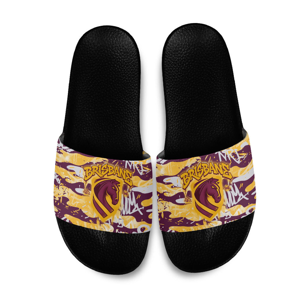 Brisbane Broncos Rugby Slide Sandals Graffiti Typography Urban Camo Abstract Street Style