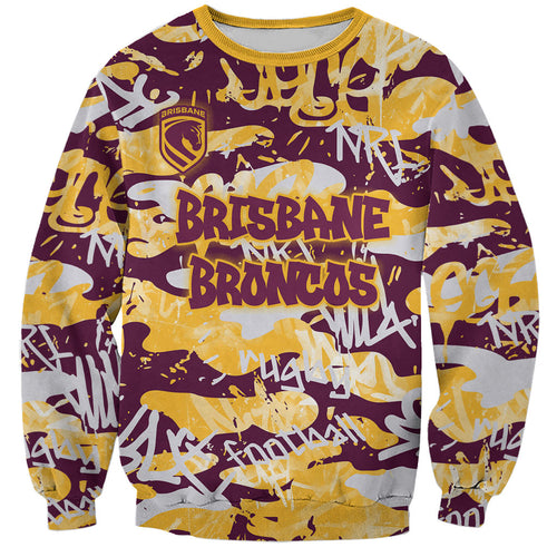 Brisbane Broncos Rugby Sweatshirt Graffiti Typography Urban Camo Abstract Street Style