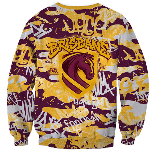 Brisbane Broncos Rugby Sweatshirt Graffiti Typography Urban Camo Abstract Street Style