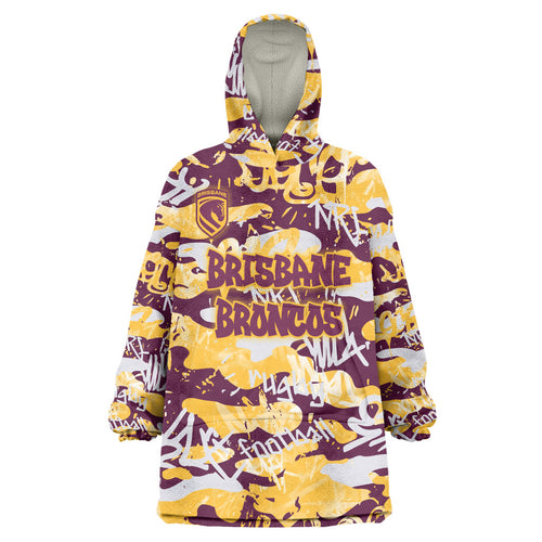 Brisbane Broncos Rugby Wearable Blanket Hoodie Graffiti Typography Urban Camo Abstract Street Style