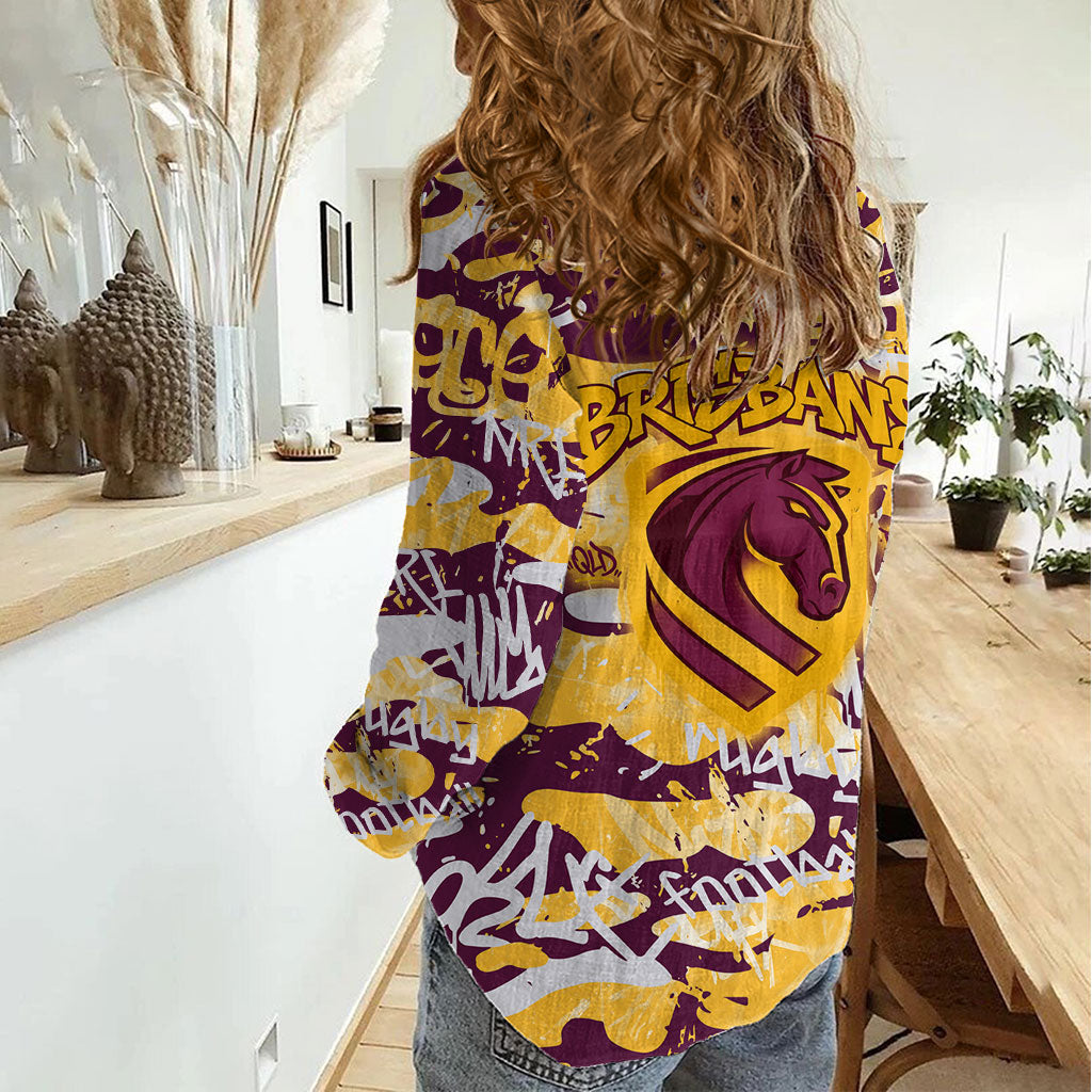 Brisbane Broncos Rugby Women Casual Shirt Graffiti Typography Urban Camo Abstract Street Style
