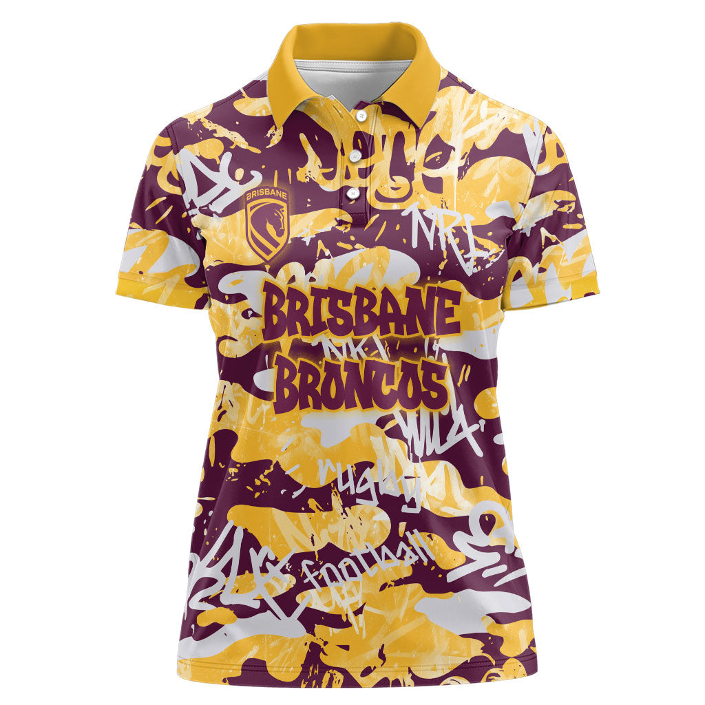 Brisbane Broncos Rugby Women Polo Shirt Graffiti Typography Urban Camo Abstract Street Style