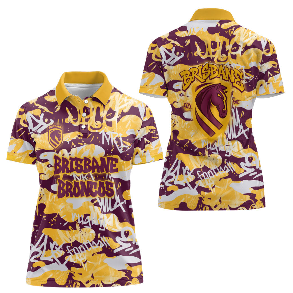 Brisbane Broncos Rugby Women Polo Shirt Graffiti Typography Urban Camo Abstract Street Style