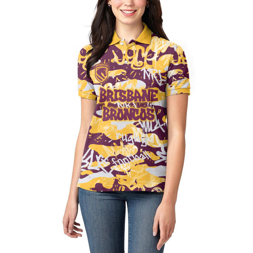 Brisbane Broncos Rugby Women Polo Shirt Graffiti Typography Urban Camo Abstract Street Style