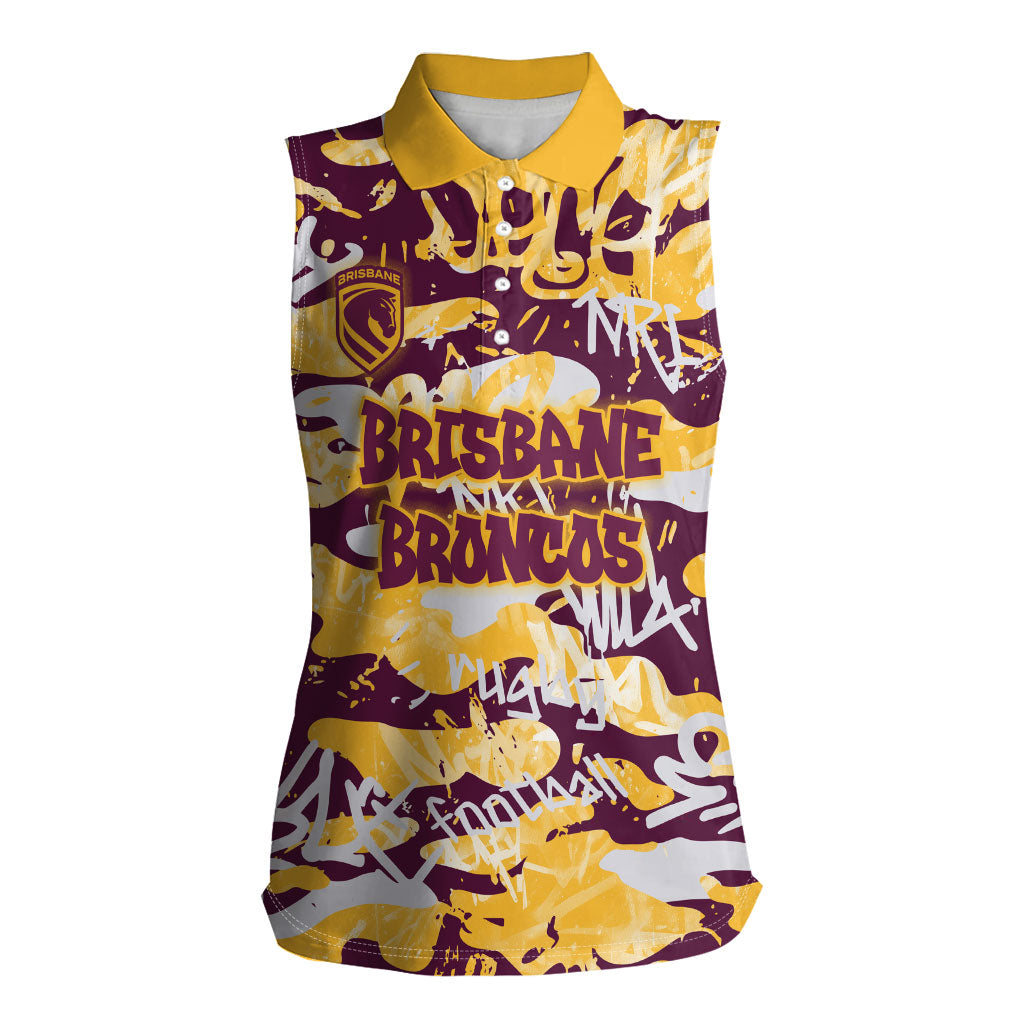 Brisbane Broncos Rugby Women Sleeveless Polo Shirt Graffiti Typography Urban Camo Abstract Street Style