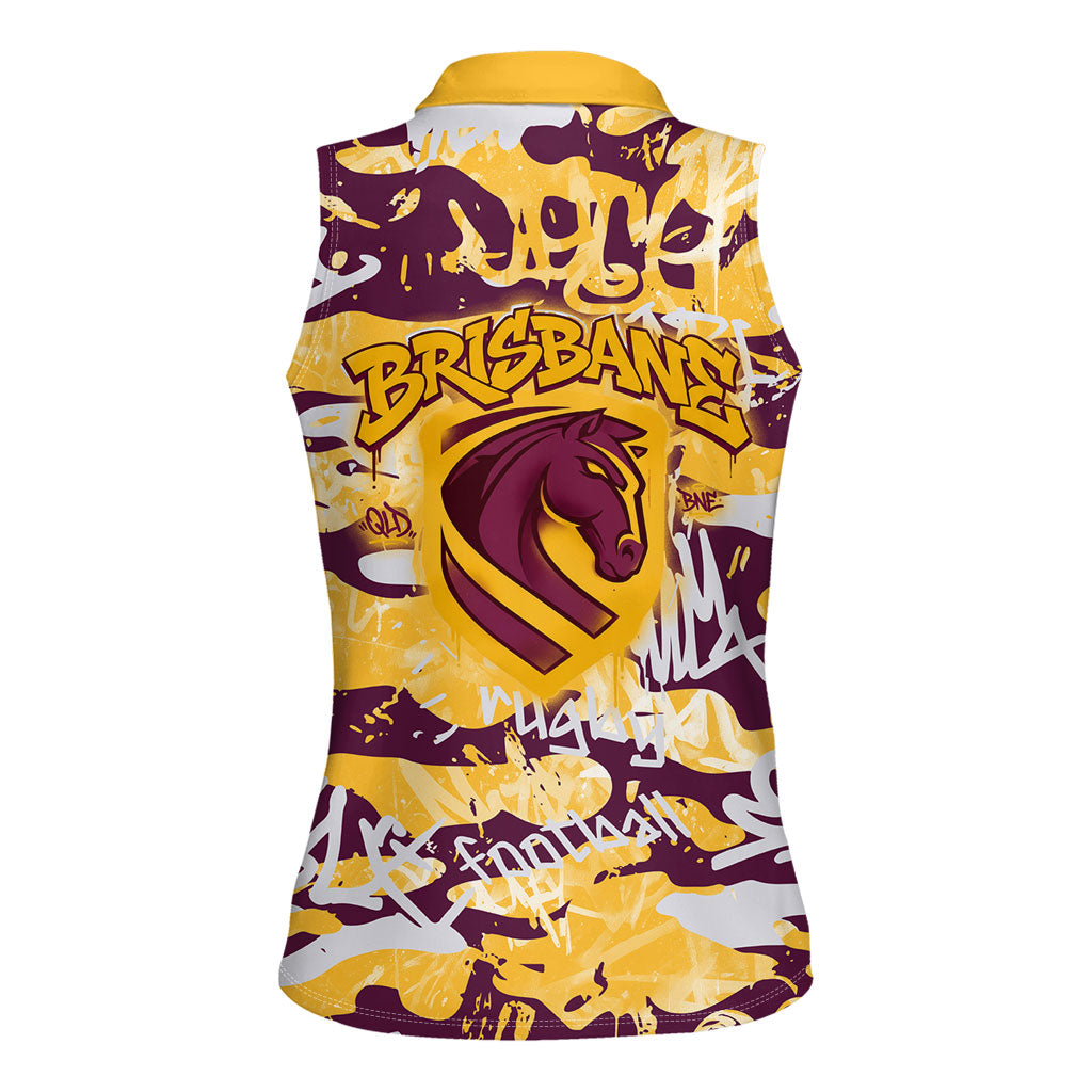 Brisbane Broncos Rugby Women Sleeveless Polo Shirt Graffiti Typography Urban Camo Abstract Street Style