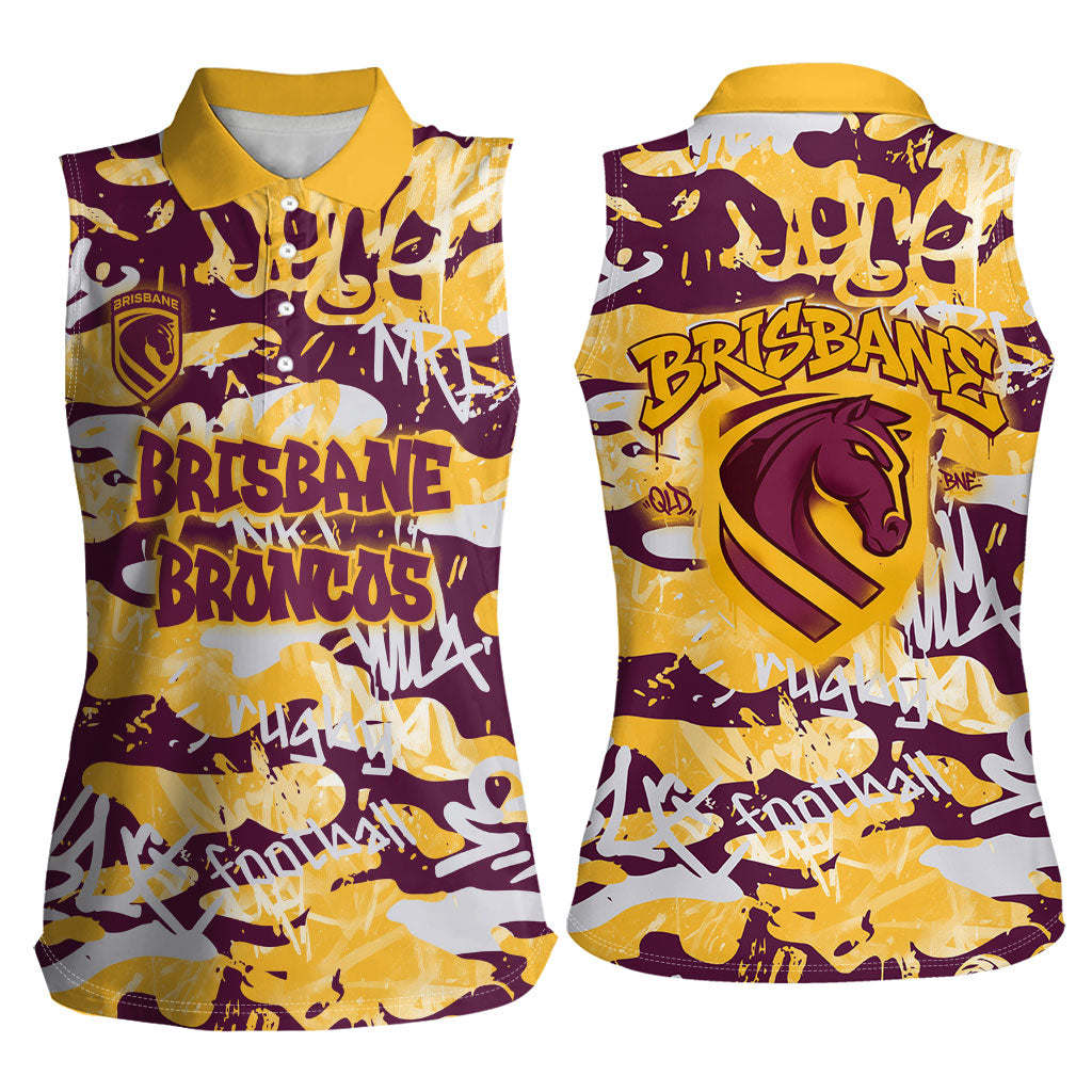 Brisbane Broncos Rugby Women Sleeveless Polo Shirt Graffiti Typography Urban Camo Abstract Street Style