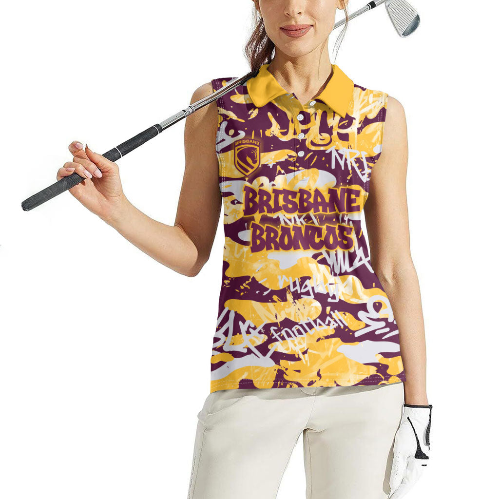 Brisbane Broncos Rugby Women Sleeveless Polo Shirt Graffiti Typography Urban Camo Abstract Street Style