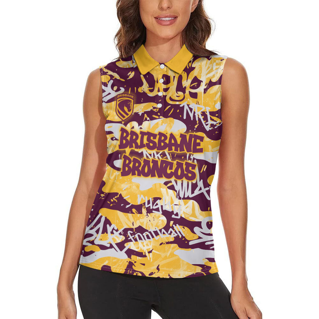 Brisbane Broncos Rugby Women Sleeveless Polo Shirt Graffiti Typography Urban Camo Abstract Street Style