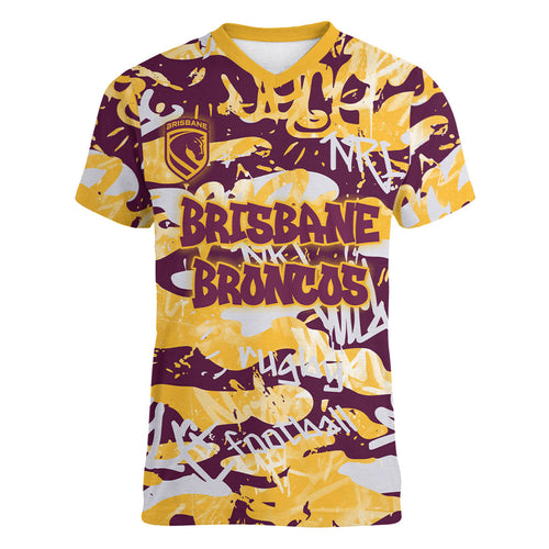 Brisbane Broncos Rugby Women V-Neck T-Shirt Graffiti Typography Urban Camo Abstract Street Style