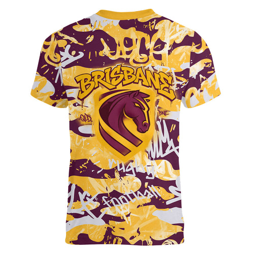 Brisbane Broncos Rugby Women V-Neck T-Shirt Graffiti Typography Urban Camo Abstract Street Style