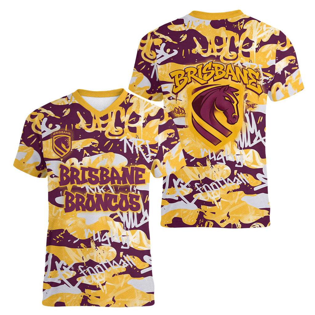 Brisbane Broncos Rugby Women V-Neck T-Shirt Graffiti Typography Urban Camo Abstract Street Style