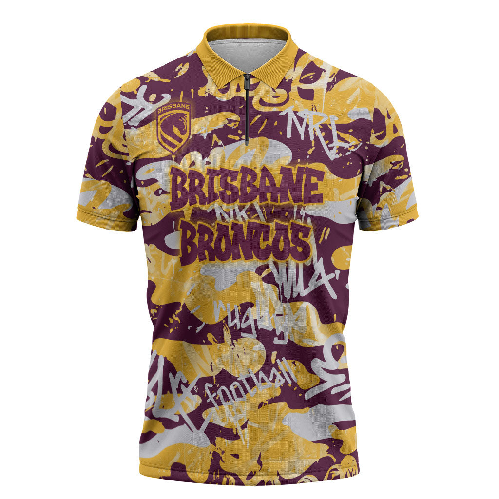 Brisbane Broncos Rugby Zipper Polo Shirt Graffiti Typography Urban Camo Abstract Street Style