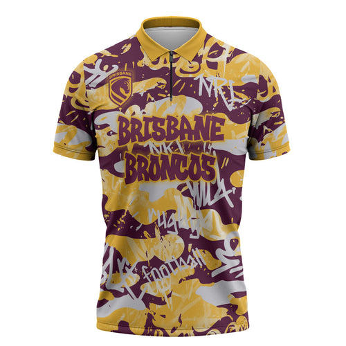 Brisbane Broncos Rugby Zipper Polo Shirt Graffiti Typography Urban Camo Abstract Street Style