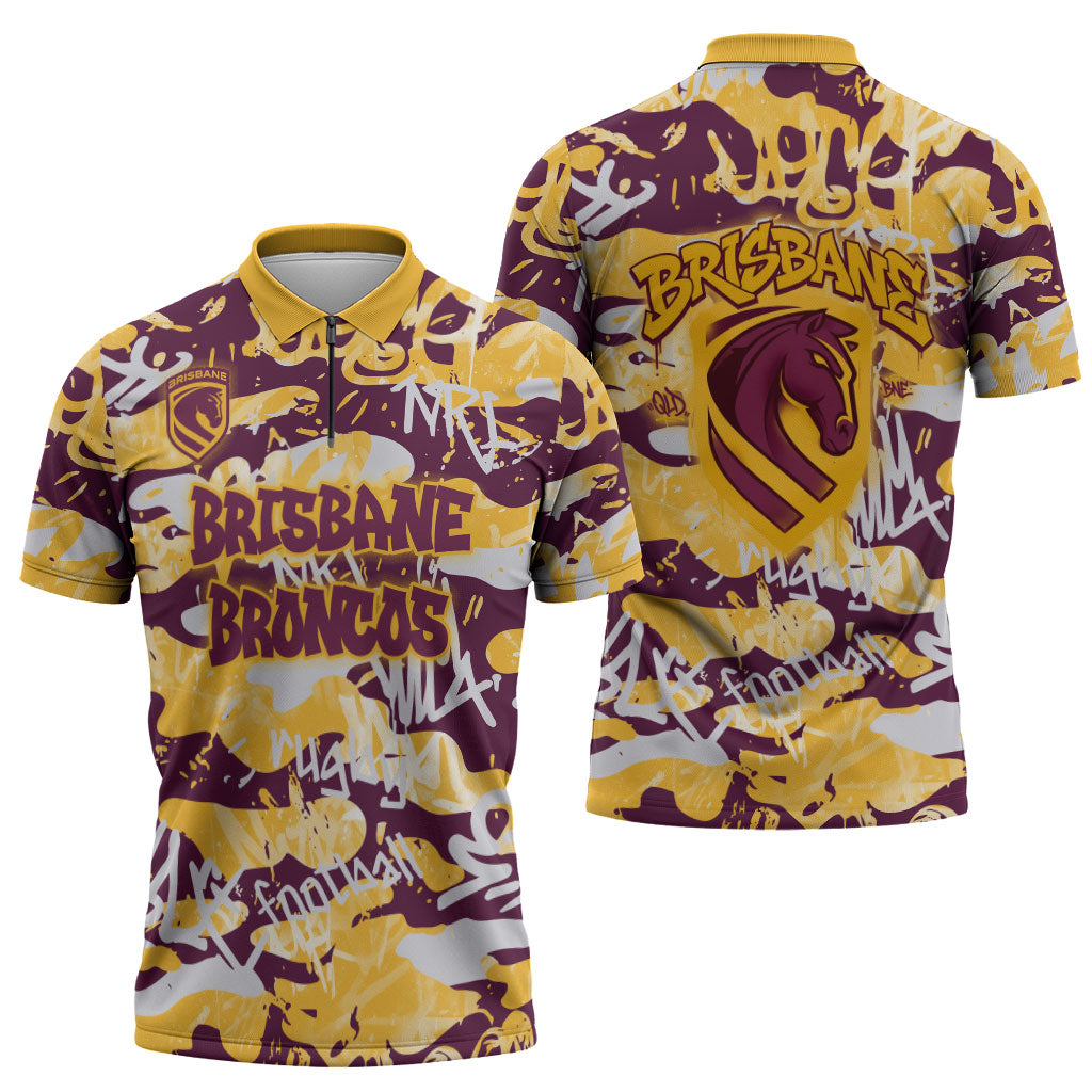 Brisbane Broncos Rugby Zipper Polo Shirt Graffiti Typography Urban Camo Abstract Street Style