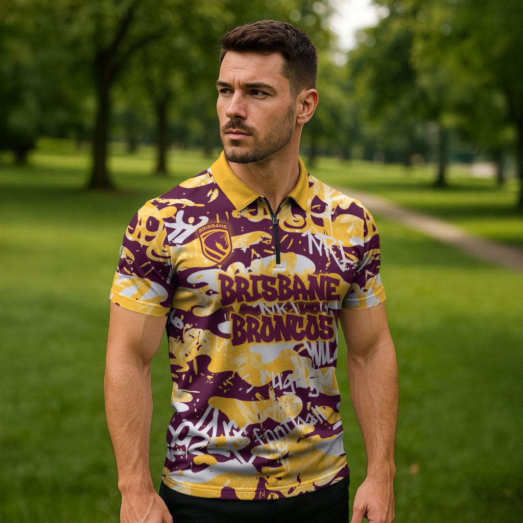Brisbane Broncos Rugby Zipper Polo Shirt Graffiti Typography Urban Camo Abstract Street Style