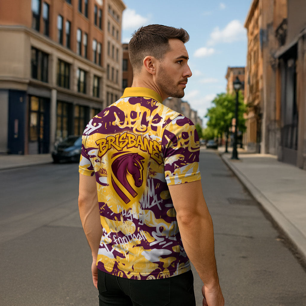 Brisbane Broncos Rugby Zipper Polo Shirt Graffiti Typography Urban Camo Abstract Street Style