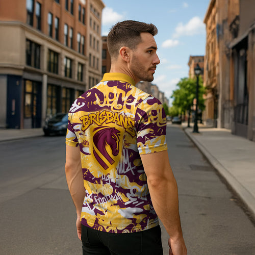 Brisbane Broncos Rugby Zipper Polo Shirt Graffiti Typography Urban Camo Abstract Street Style