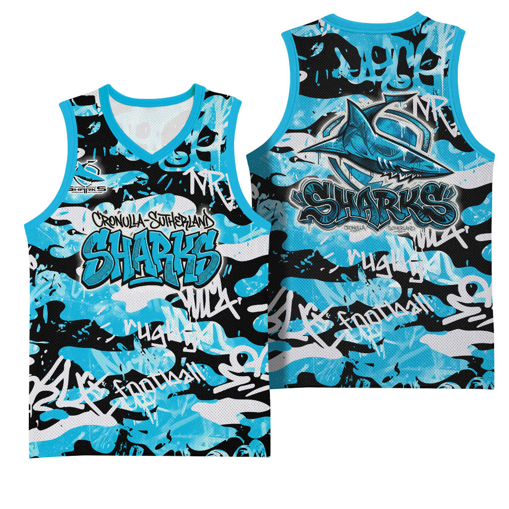 Cronulla-Sutherland Sharks Rugby Basketball Jersey Graffiti Typography Urban Camo Abstract Street Style