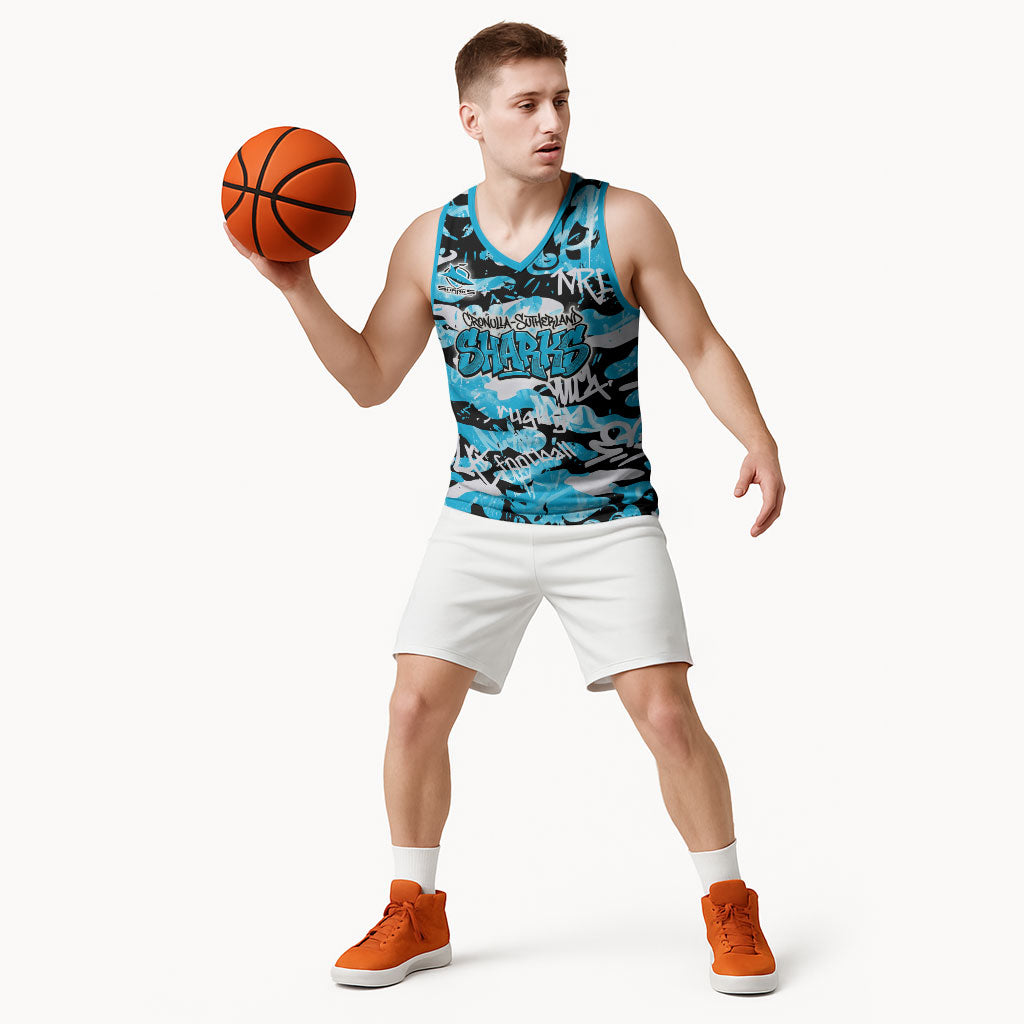 Cronulla-Sutherland Sharks Rugby Basketball Jersey Graffiti Typography Urban Camo Abstract Street Style