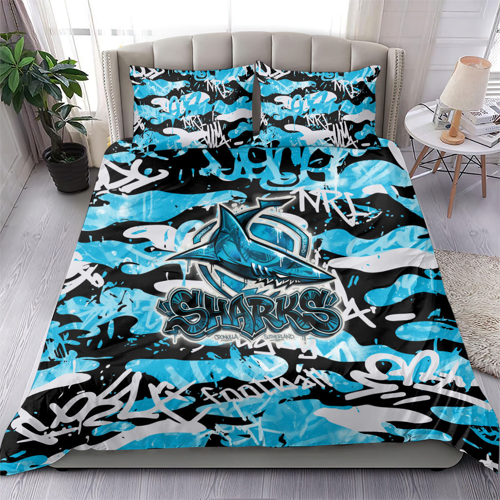 Cronulla-Sutherland Sharks Rugby Bedding Set Graffiti Typography Urban Camo Abstract Street Style