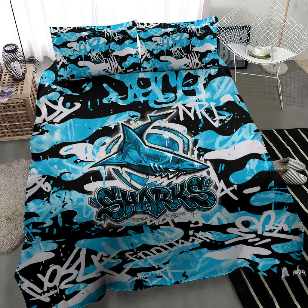 Cronulla-Sutherland Sharks Rugby Bedding Set Graffiti Typography Urban Camo Abstract Street Style