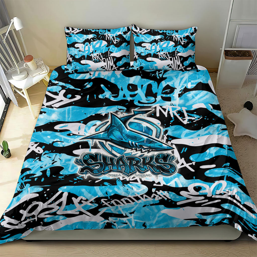 Cronulla-Sutherland Sharks Rugby Bedding Set Graffiti Typography Urban Camo Abstract Street Style