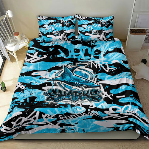 Cronulla-Sutherland Sharks Rugby Bedding Set Graffiti Typography Urban Camo Abstract Street Style