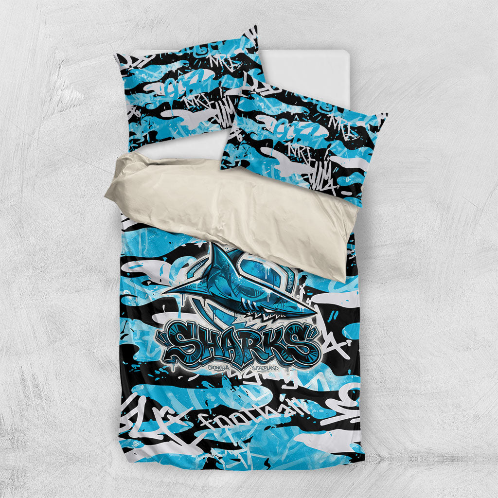 Cronulla-Sutherland Sharks Rugby Bedding Set Graffiti Typography Urban Camo Abstract Street Style