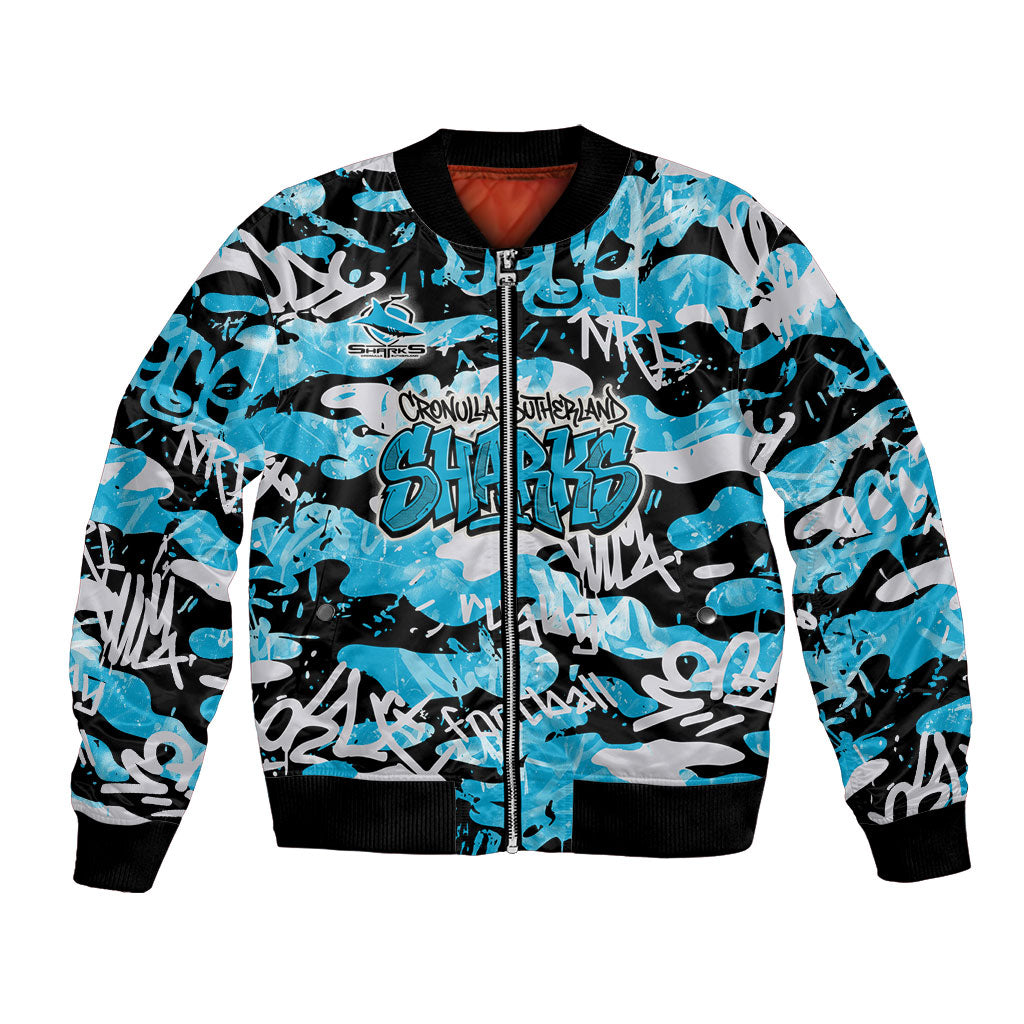 Cronulla-Sutherland Sharks Rugby Bomber Jacket Graffiti Typography Urban Camo Abstract Street Style