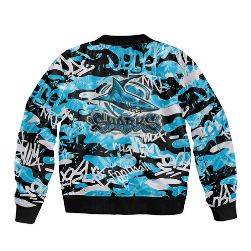 Cronulla-Sutherland Sharks Rugby Bomber Jacket Graffiti Typography Urban Camo Abstract Street Style