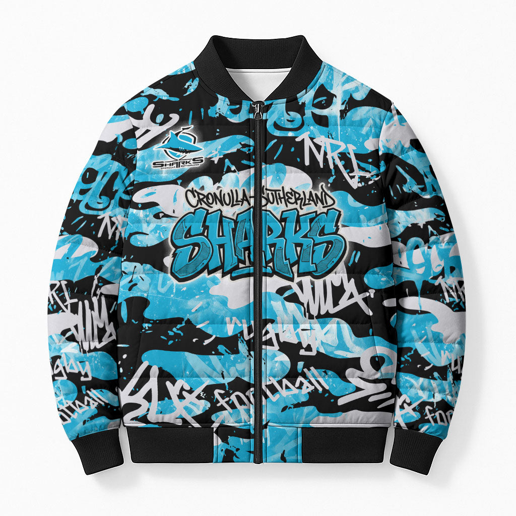 Cronulla-Sutherland Sharks Rugby Bomber Puffer Jacket Graffiti Typography Urban Camo Abstract Street Style