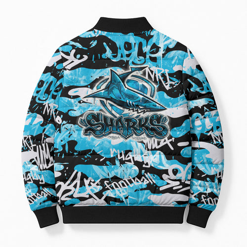 Cronulla-Sutherland Sharks Rugby Bomber Puffer Jacket Graffiti Typography Urban Camo Abstract Street Style