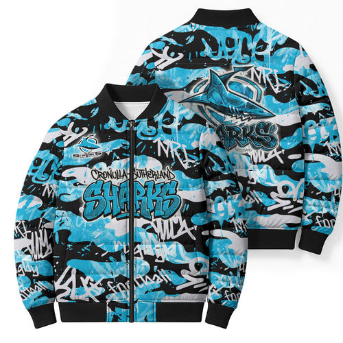 Cronulla-Sutherland Sharks Rugby Bomber Puffer Jacket Graffiti Typography Urban Camo Abstract Street Style